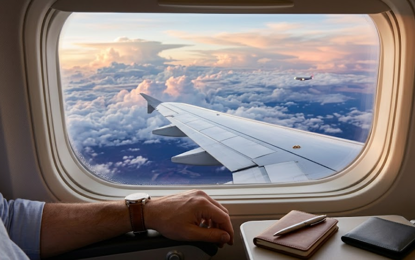 A view of clouds and an aircraft wing through an airplane window.