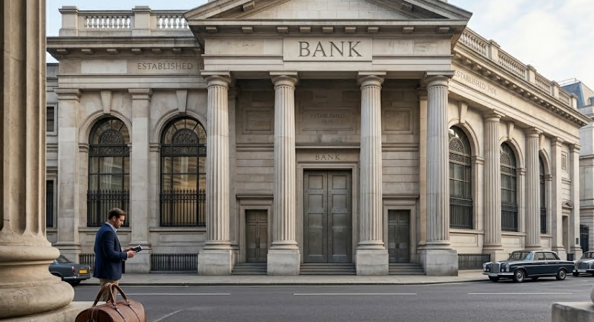 The stone facade and columns of a traditional bank building.