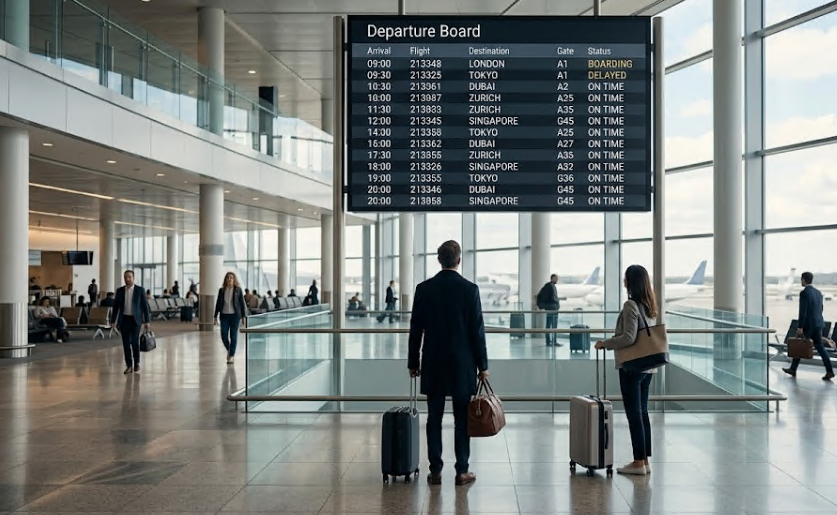 A departure board listing flights at an airport terminal.