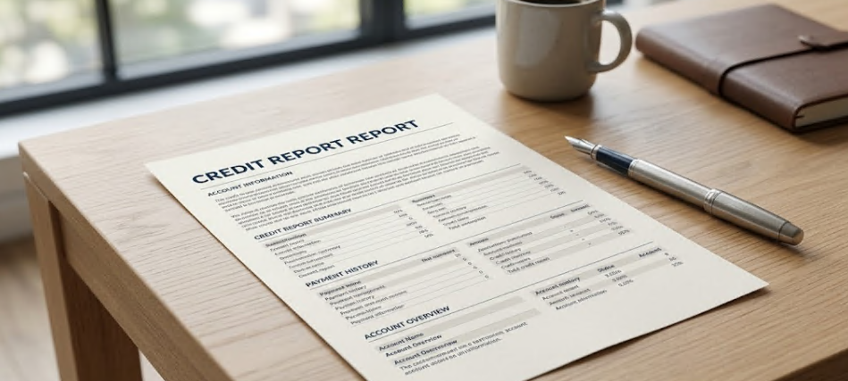 A printed credit report resting on a desk.