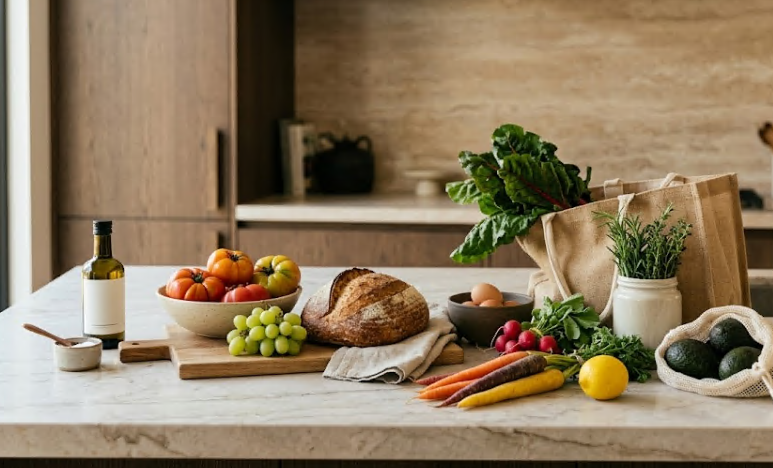 Fresh groceries arranged on a kitchen counter.
