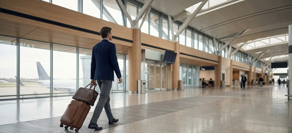A traveler walking through a connecting airport terminal.