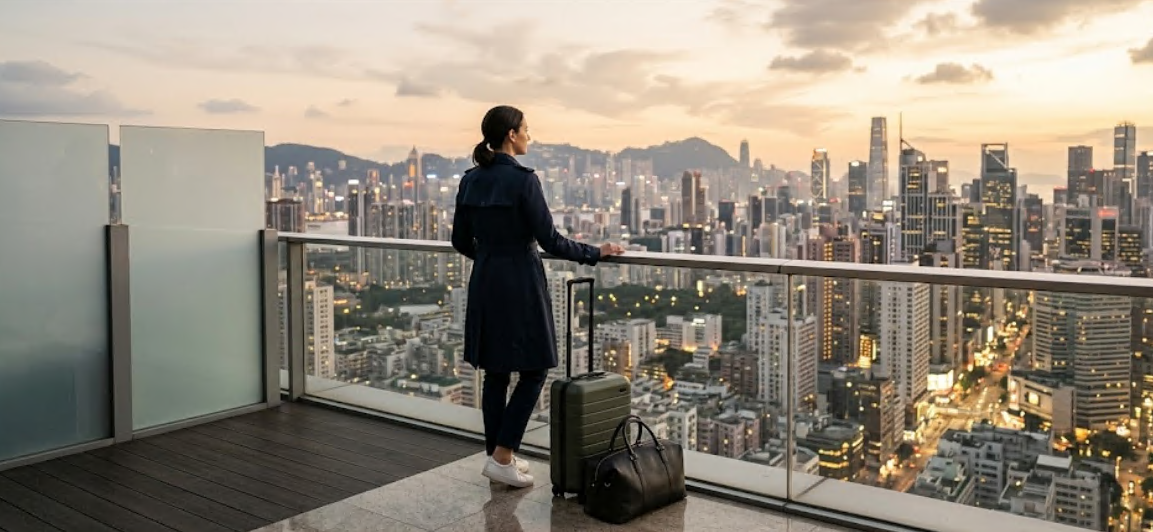 A traveler with luggage looking at a city skyline.