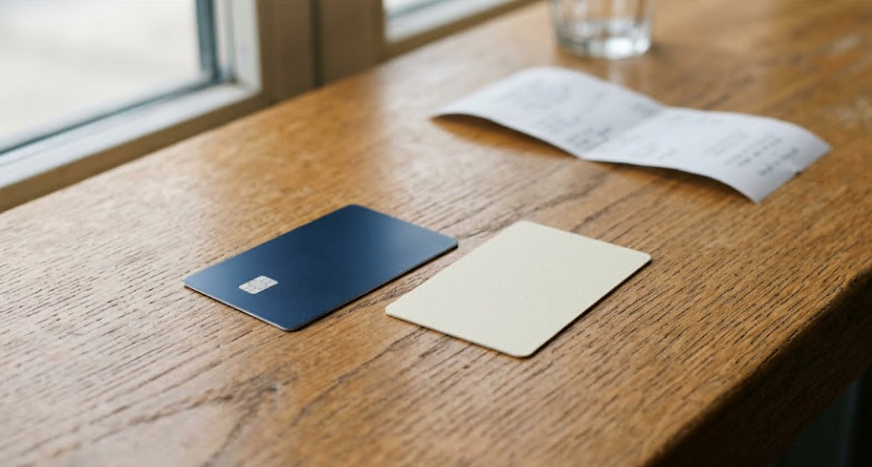 Navy credit card beside a blank gift card on a wood counter, illustrating new Lululemon gift-card payment rules and the American Express Platinum credit
