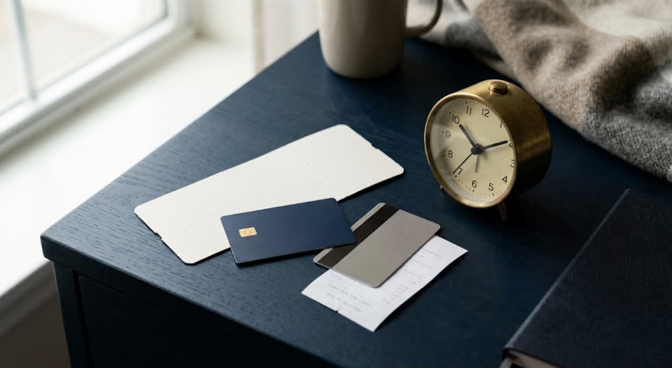 Boarding pass, hotel key card, receipt, and credit card beside a clock on a navy desk, illustrating trip delay coverage after the new DOT rule.