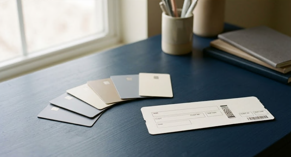 Six credit cards and a boarding pass on a quiet navy desk