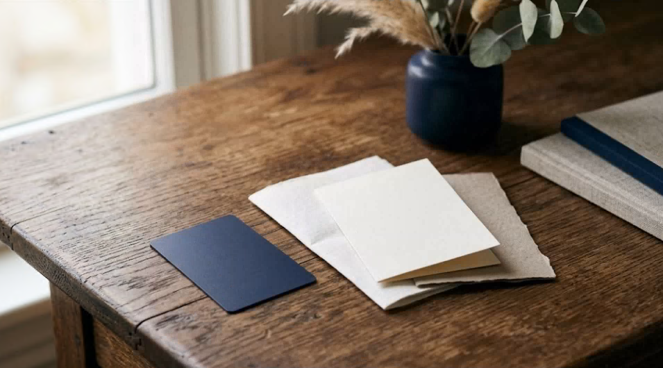 Hotel keycard resting on a wooden surface beside folded paper under soft light